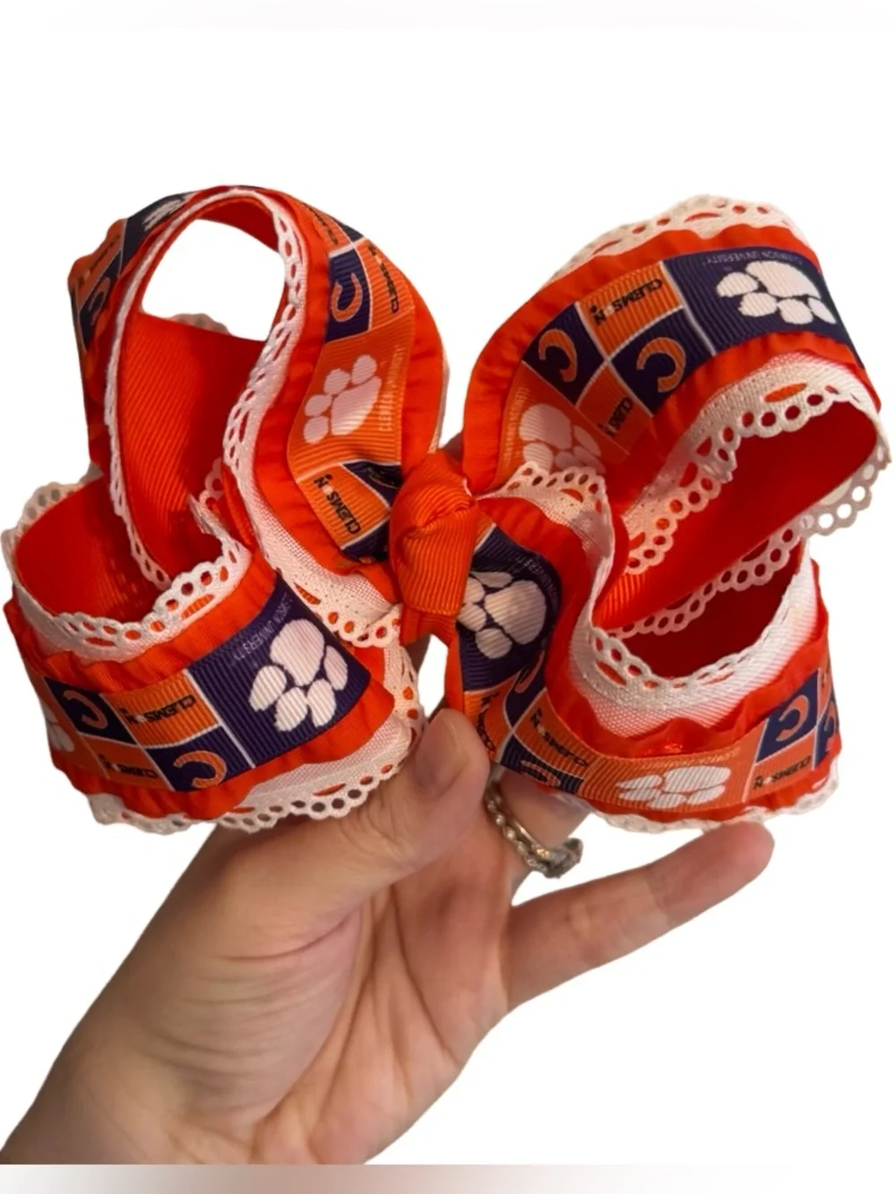 Clemson Orange Purple Boutique Hair Bow White Scallop Trim 5.5” Alligator Clip